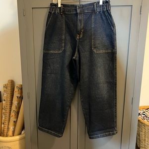 Paper bag waisted dark denim jeans